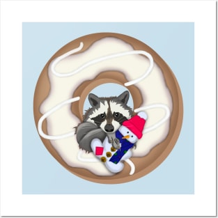 Raccoon with Snowman and Donut. Christmas design. Posters and Art